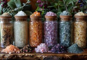 AI generated Variety of healing crystals. A healthy salts of the world photo