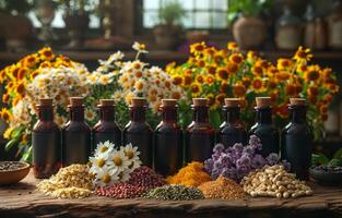 AI generated The ancient natural medicine herbs medicines and tinctures photo