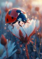 AI generated a ladybug is sitting on a flower and looking in the grass photo