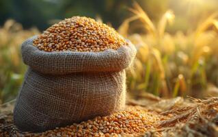 AI generated Yellow corn is in sack on the background of ripe corn field photo