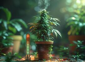 AI generated Indoor Marijuana plant growing in pot and candle photo