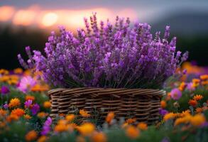 ai generado lavanda es crecido en un mimbre cesta en un campo con otro flores foto