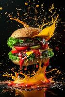 AI generated The hamburger with splashing juice on dark background photo