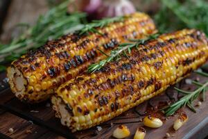 AI generated Grilled corn on the wooden board photo