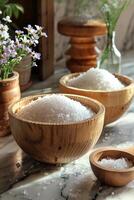 AI generated Sea salt in wooden bowl on table photo