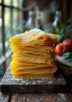 AI generated Fresh homemade pasta is stacked on wooden table photo