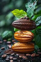 AI generated Cocoa Beans and cocoa pod on wet green leaves photo