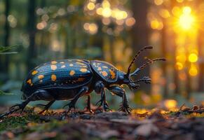 ai generado dos colorido escarabajos caminando en el bosque piso en el noche foto