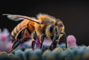 ai generado abeja es sentado en flor foto
