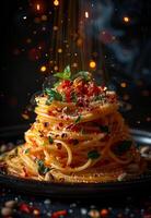 AI generated Spaghetti with tomato sauce bacon and cheese on black background photo
