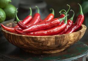 AI generated Red chili peppers in wooden bowl photo