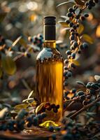 AI generated Bottle of olive oil with branch of black olives photo