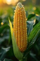 AI generated Corn or maize on the cob in the field after the rain photo