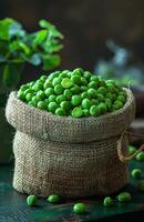 AI generated Fresh green peas in burlap bag on wooden table photo