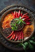 AI generated Red hot chili peppers red pepper peas red pepper flakes basil and brown rice in vintage plate on dark background photo