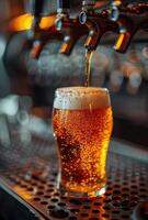 AI generated Beer tap pouring draught lager beer in glass in restaurant or pub photo