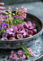 ai generado comestible flores y frutas en cuenco foto