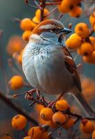 AI generated Eurasian tree sparrow sitting on branch photo