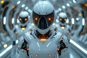 AI generated White robots are moving along corridor in science fiction spaceship photo