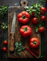AI generated Fresh red peppers and tomatoes on wooden cutting board photo