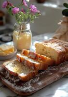 AI generated Sliced bread and butter on wooden cutting board photo