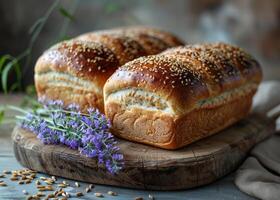 AI generated Homemade bread with lavender on wooden board photo