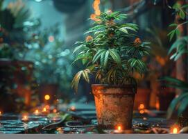 AI generated Potted plant and thermometer in dark room. Indoor Marijuana plant in flowerpot. photo