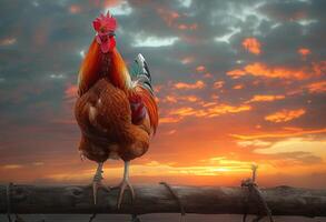 AI generated Rooster crowing on fence at sunset photo