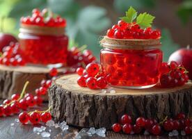 AI generated Red currants in glass jar and fresh berries on wooden table photo