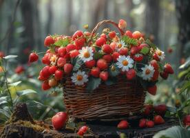 ai generado cesta con fresas y margaritas en el bosque foto