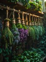 ai generado lavanda racimos y flores en el de madera estantería foto