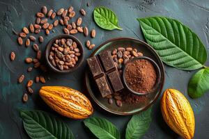 AI generated Cocoa beans cocoa powder and cacao fruit on dark background photo