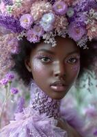 AI generated Beautiful young woman with wreath of flowers on her head photo