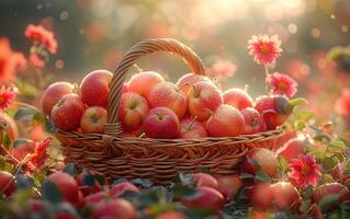 AI generated Basket with apples on the grass in the sunlight photo