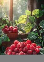 AI generated Fresh raspberries in plate on wooden table in the garden photo