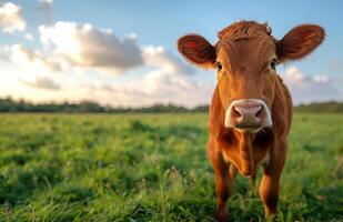 AI generated Young calf is standing in green pasture on sunny day photo