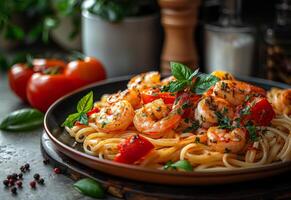 AI generated Delicious italian pasta with prawns and tomato on plate photo