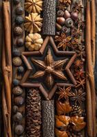 AI generated Star anise and other spices on wooden background photo