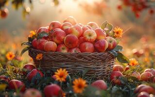 AI generated Basket with apples on the grass in the garden photo