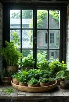 AI generated Window sill filled with variety of fresh herbs photo