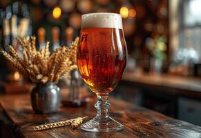 AI generated Glass of cold light beer with foam on the bar counter in pub with free space for your text. photo