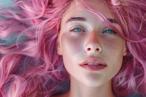 ai generado hermosa mar sirena con fluido rosado cabello. generativo ai foto