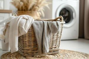 AI generated Wicker laundry basket with washing machine on the background. Generative AI photo