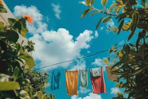 ai generado seco ropa colgando en un lavandería cuerda fuera de con verde plantas y un azul cielo en el antecedentes. generativo ai foto