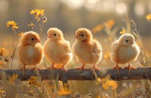 AI generated Four little chicks on the fence photo