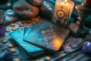 ai generado cristales, velas y otro Adivinación herramientas siguiente a el tarot tarjetas generativo ai foto