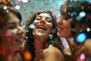 ai generado joven mujer celebrando y teniendo divertido a un fiesta. grupo de hembra amigos con bengalas ir de fiesta en Club nocturno. generativo ai foto