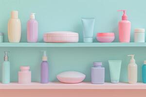 AI generated Soft pastel colored skin care products on a shelf. Generative AI photo