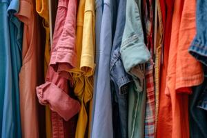 AI generated Open closet with unorganized random colorful hanging clothes. Generative AI photo