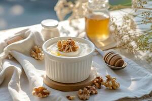 AI generated Greek yoghurt with honey and walnuts in a bowl. Healthy breakfast. Generative AI photo